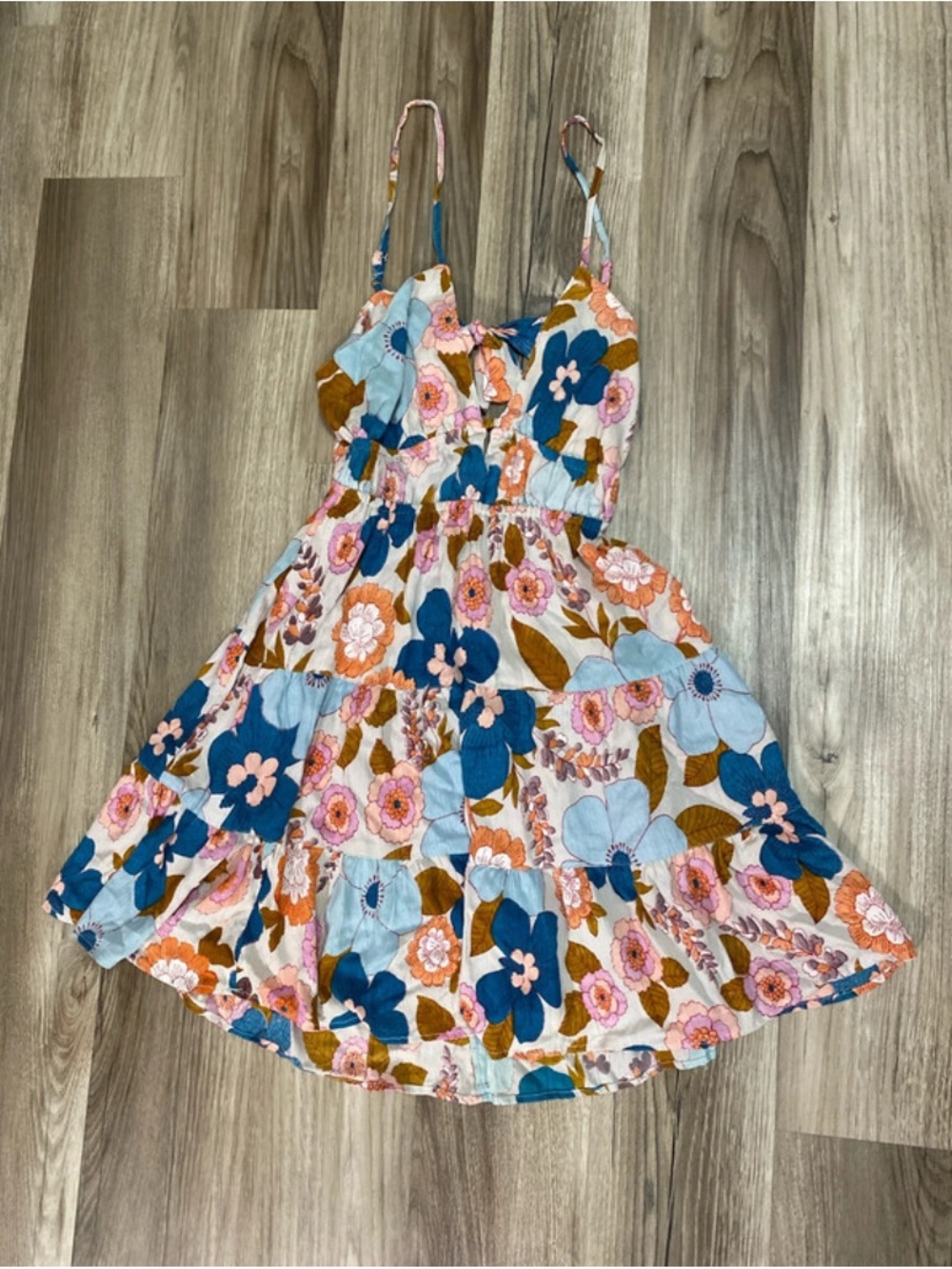 Angie Floral Tiered Mini Dress in Blue, Pink, and Brown